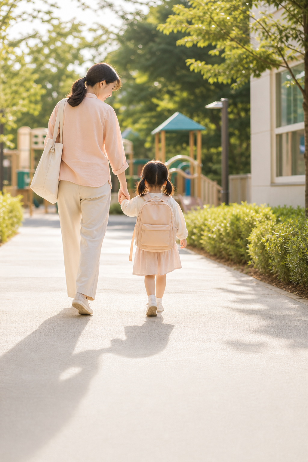 아이 손을 잡고 밝은 길을 걸어가는 엄마