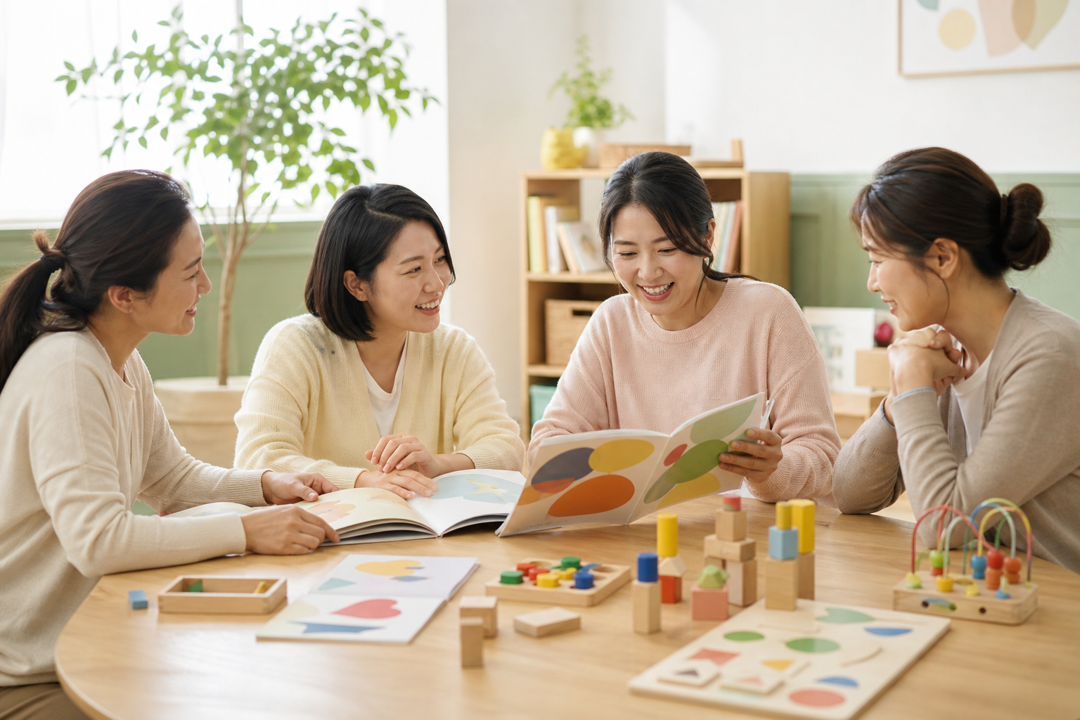 녹색어머니회 회원들이 함께 아동 교구를 살펴보는 모습