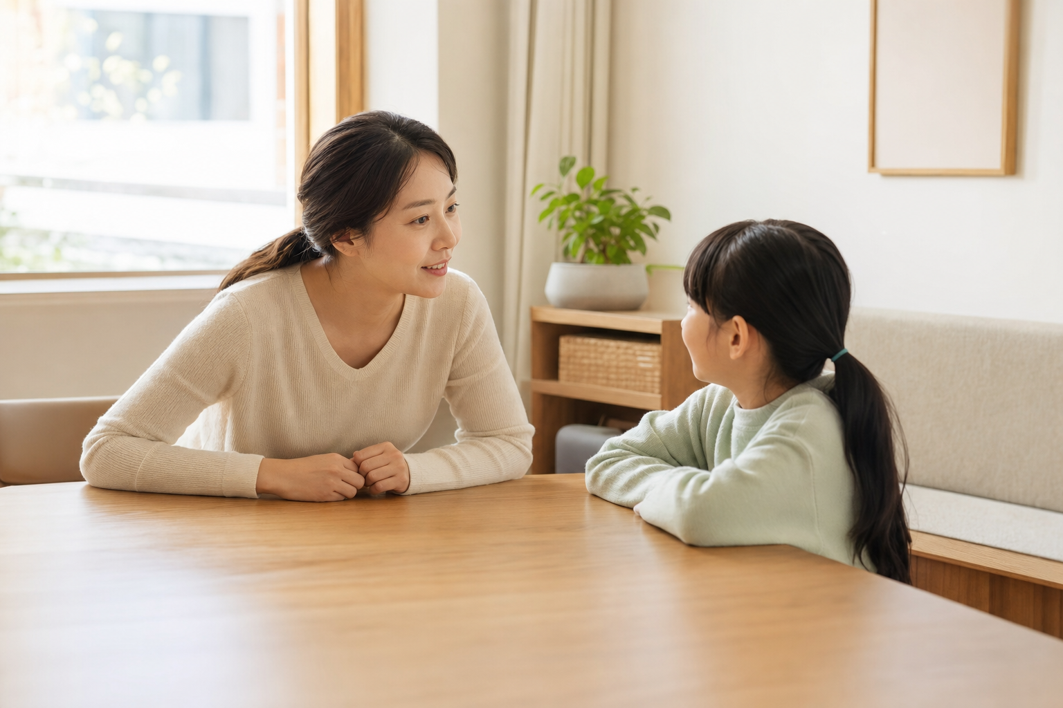 식탁에서 아이와 눈 맞추며 대화하는 엄마