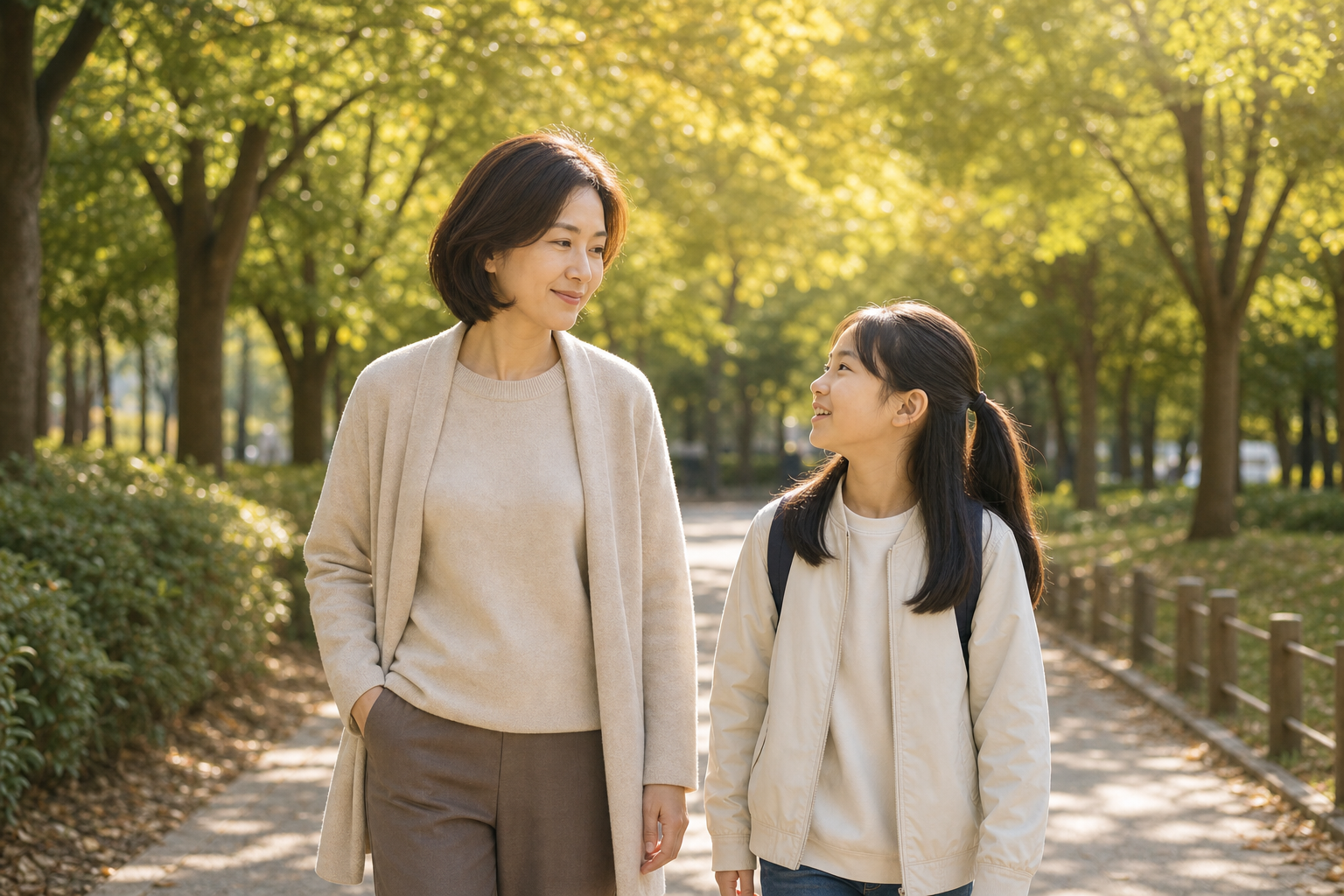 엄마와 아이가 나란히 산책하며 이야기하는 모습